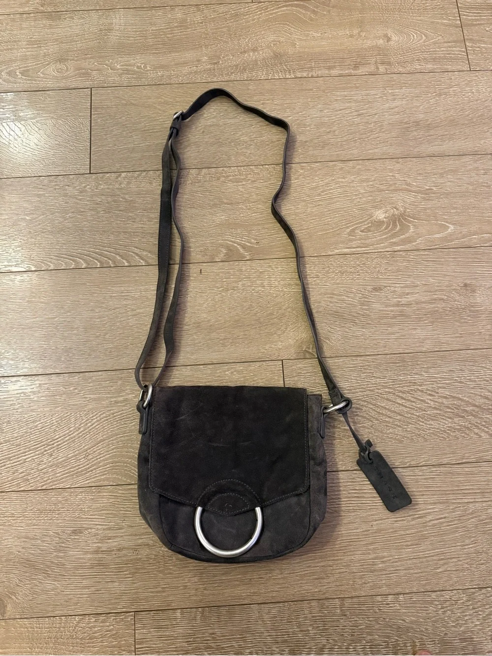Trask Gray Suede & Leather O-Ring Flap Crossbody Bag
